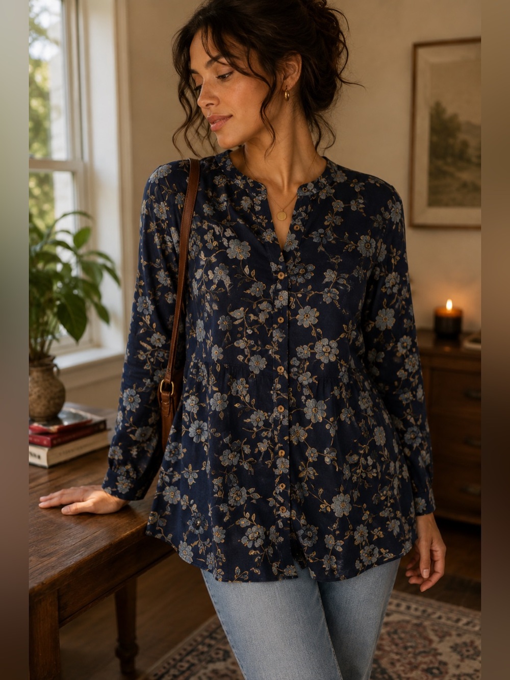 Women's Navy Floral Button-Up Tunic in beautiful hues of blue & gold size Small